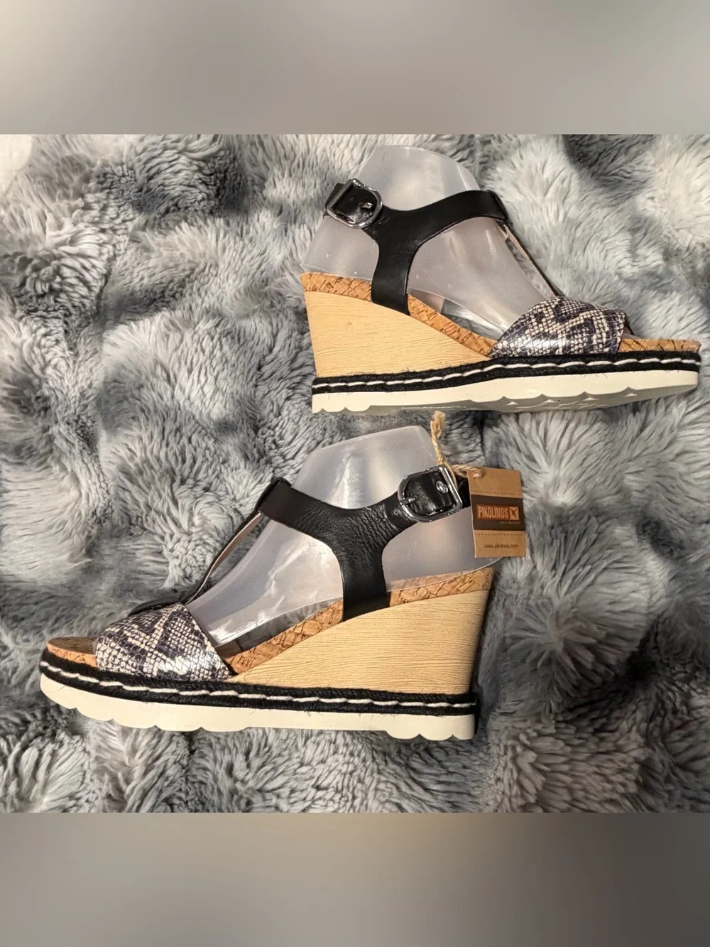 PIKOLINOS Black Strappy Wedge Sandals with Snakeskin Toe size EU40 US9/9.5 NIB